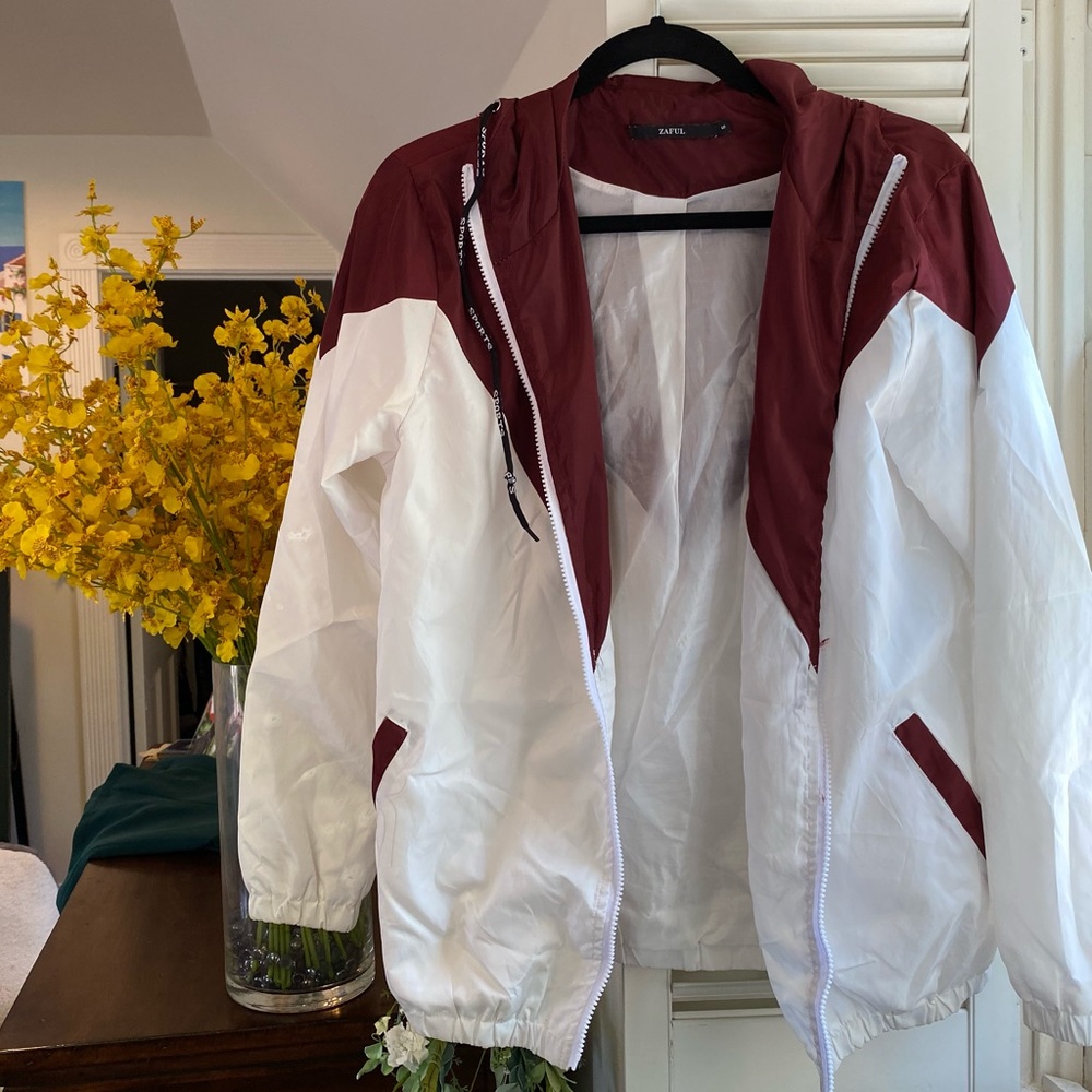 Oversized Red and White Windbreaker Jacket